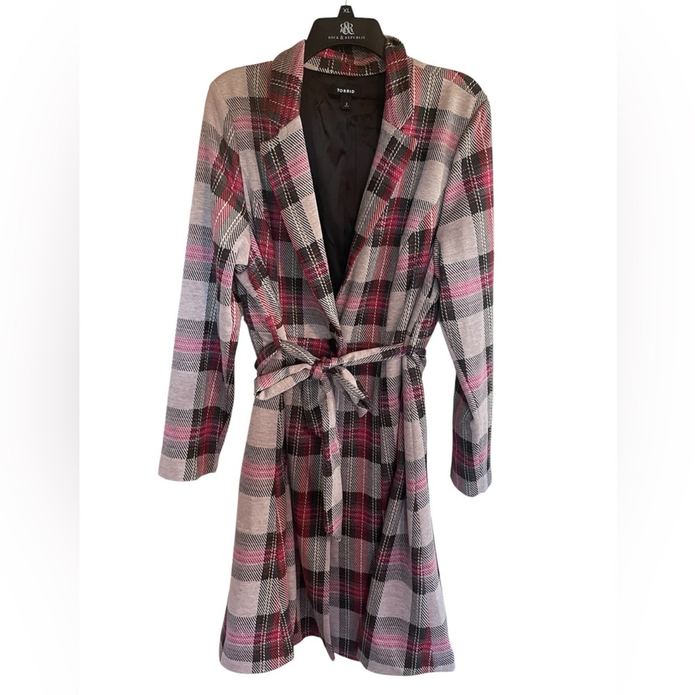 Torrid Plaid Belted Dress Coat - Black, Pink, Gray